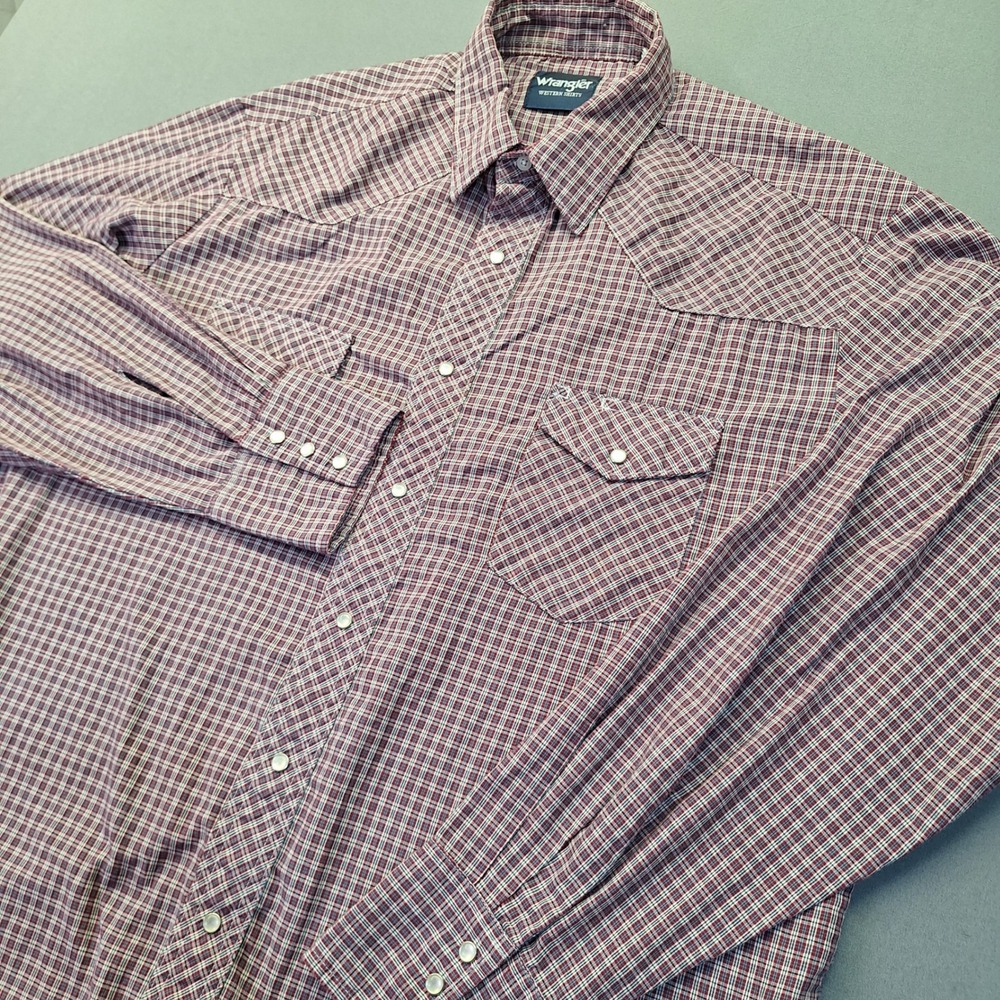Wrangler Western Shirt Mens XL Red Blue Plaid Pearl Snap Long Sleeve Rodeo Chore